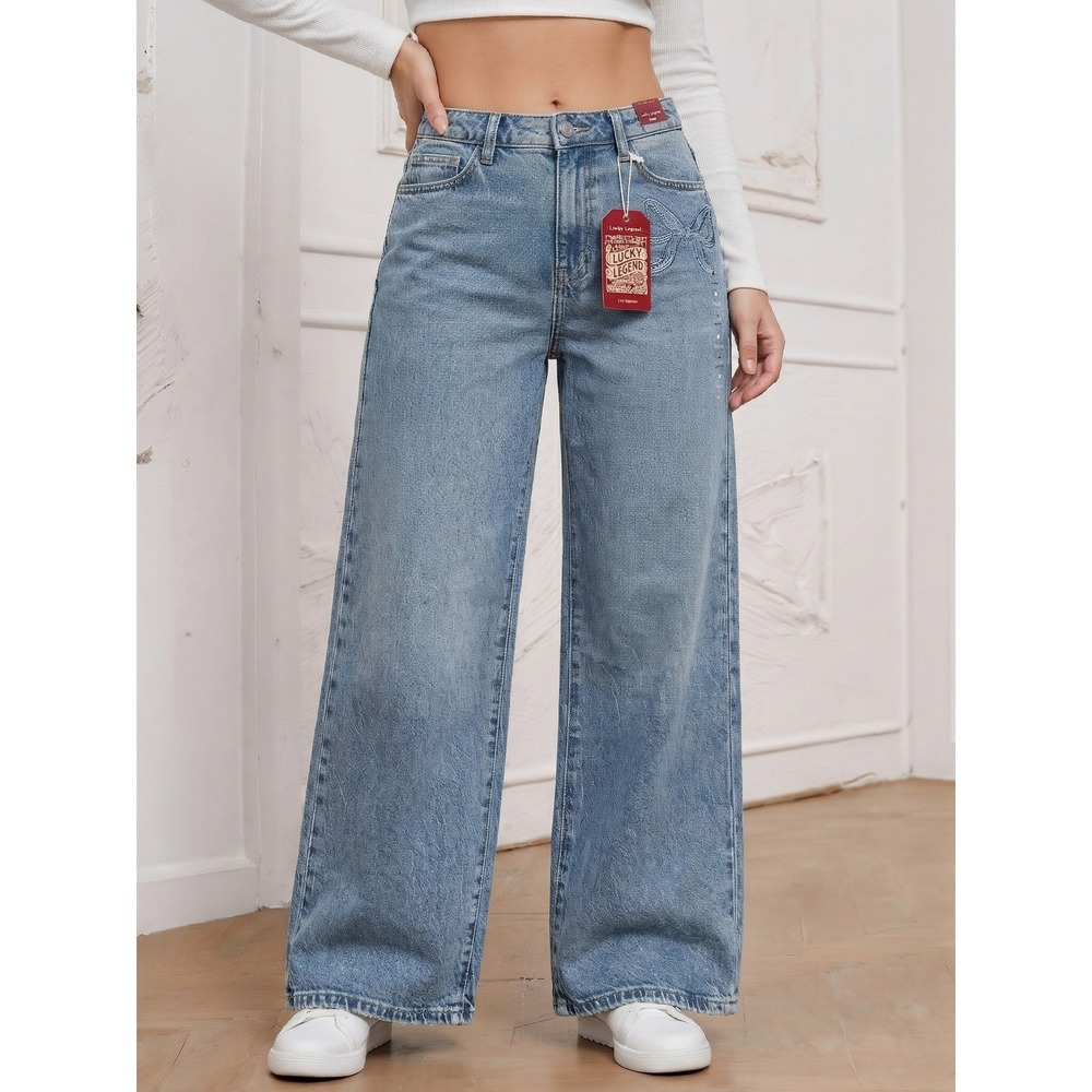 NEW Lucky Brand Legend The Baggy Jeans Blue Bow Embroidery Rhinestone 6/28 R - Picture 1 of 12